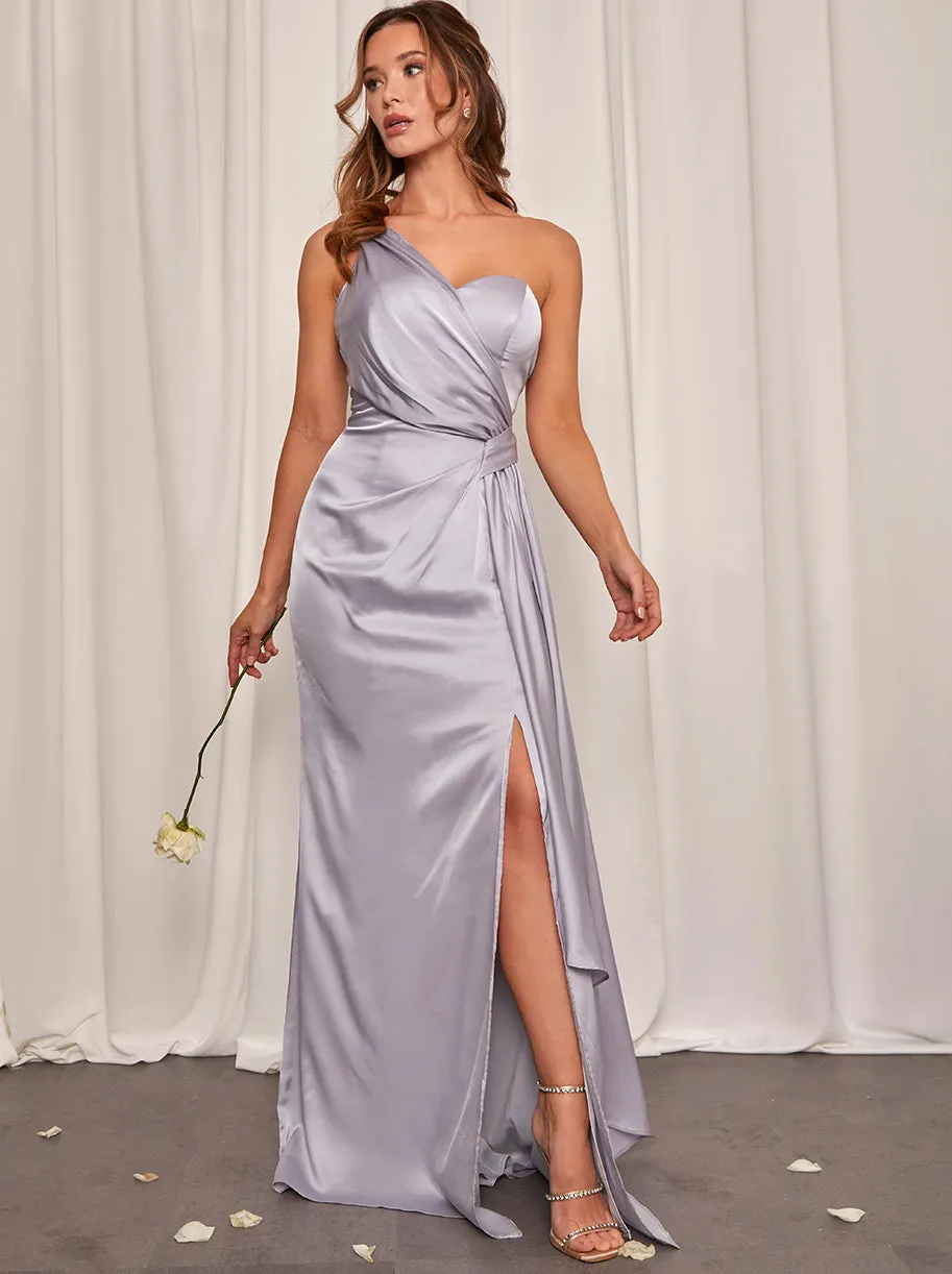 Petite One Shoulder Satin Finish Maxi Dress in Blue sold by Chi Chi London