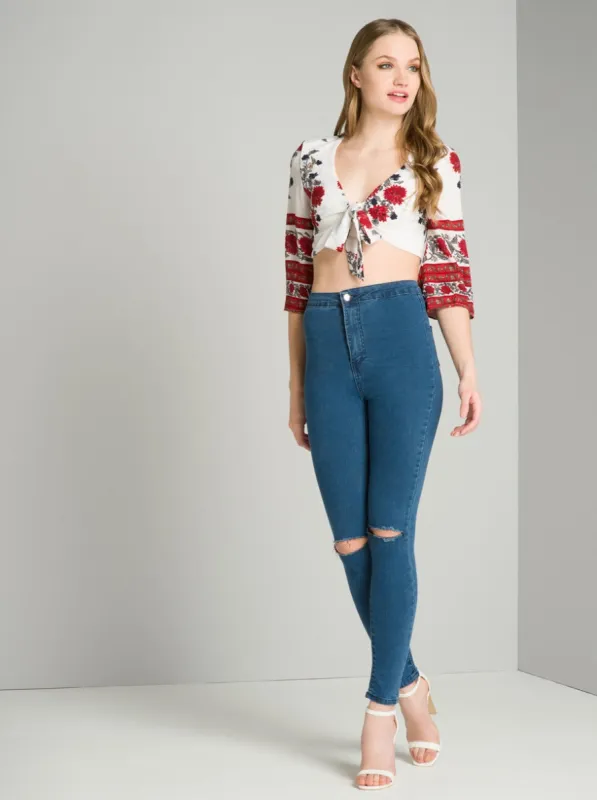 Tie Front Crop Print Top in White sold by Chi Chi London