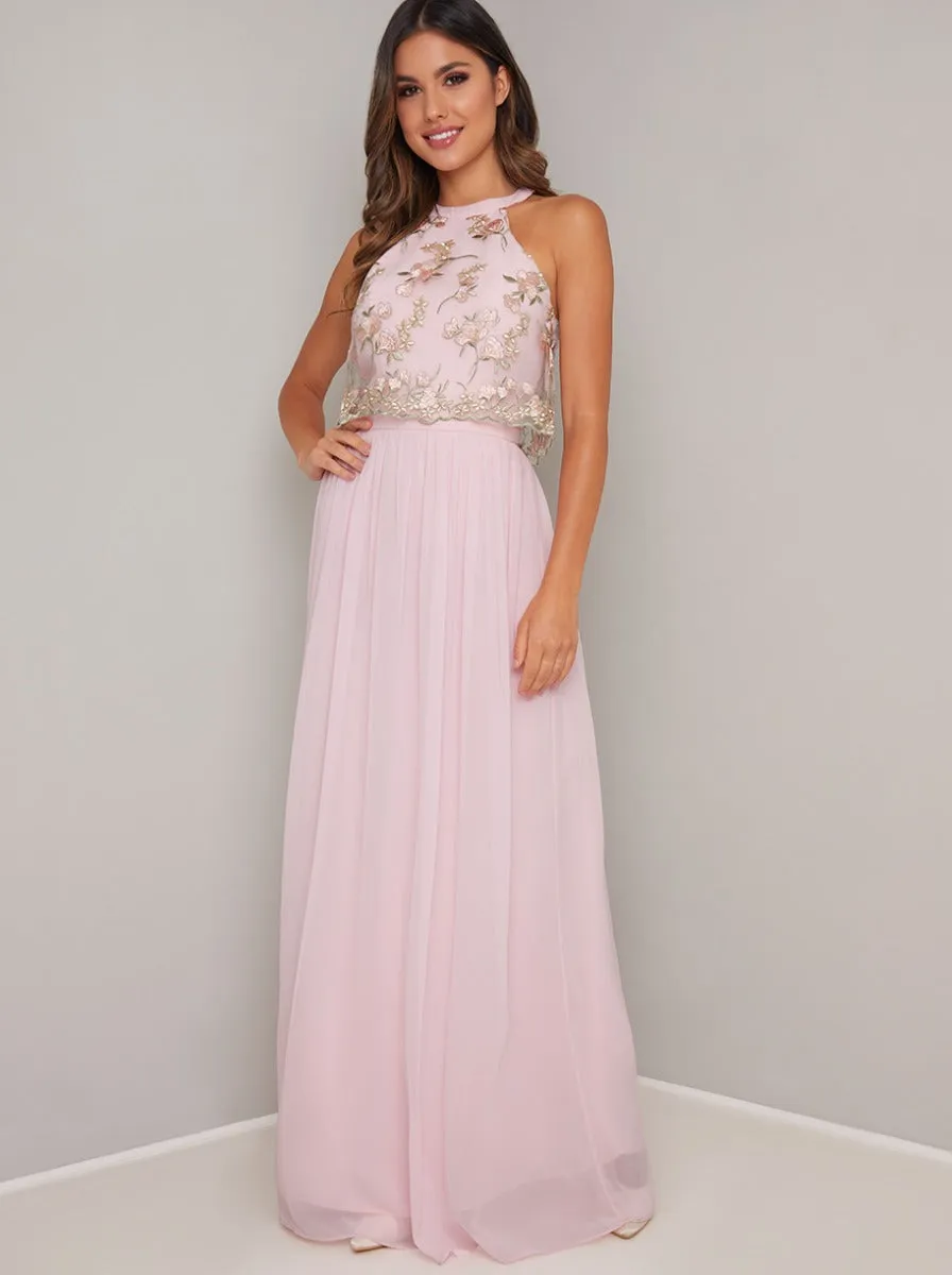 Lace Overlay Bodice Maxi Dress In Pink sold by Chi Chi London
