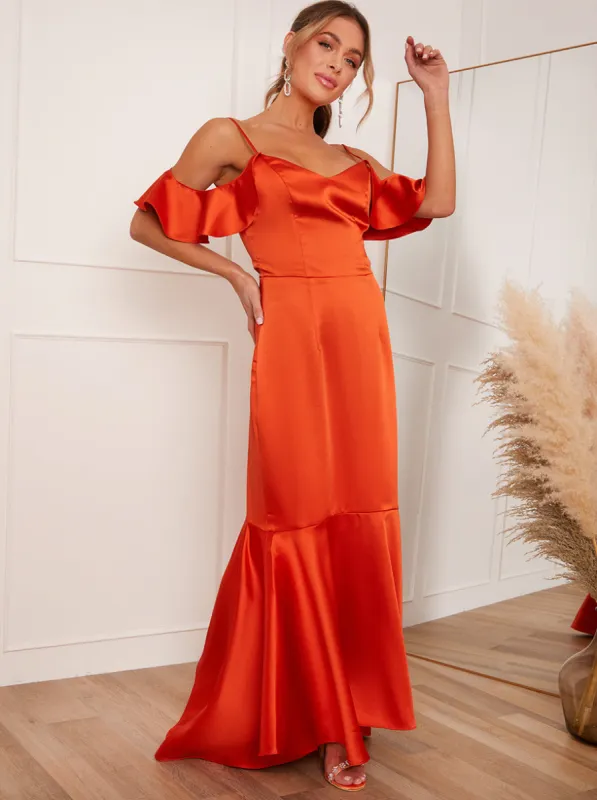 Satin Cami Strap Ruffle Detail Bodycon Dress in Rust sold by Chi Chi London