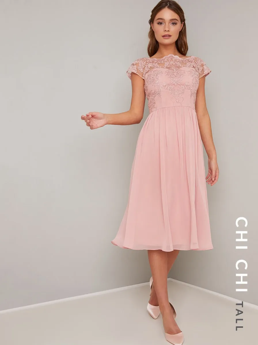 Tall Embroidered Midi Dress in Rose Gold sold by Chi Chi London