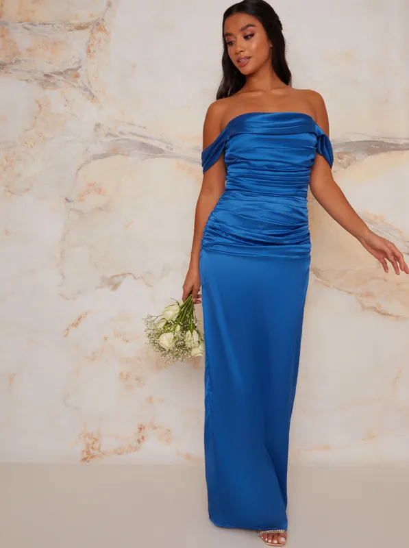 Petite Satin Finish Bardot Dress in Blue sold by Chi Chi London