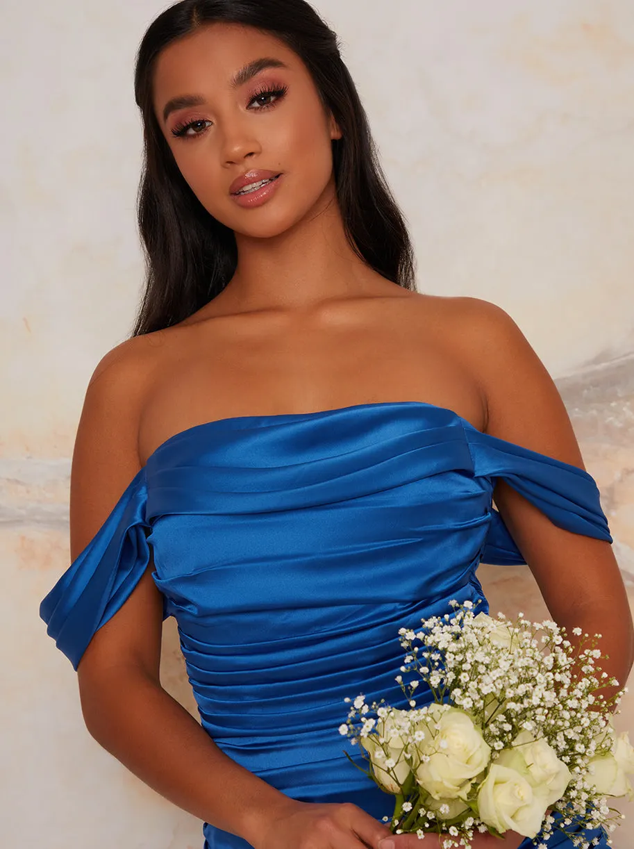Petite Satin Finish Bardot Dress in Blue sold by Chi Chi London product image thumbnail 4