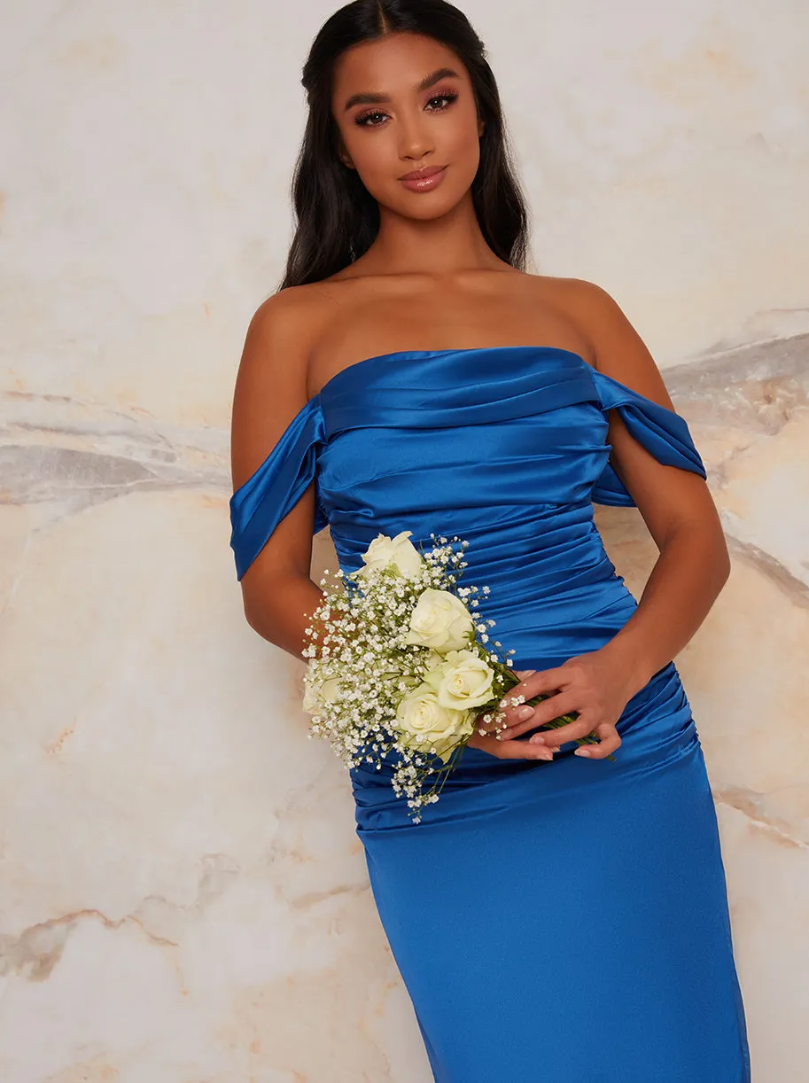 Petite Satin Finish Bardot Dress in Blue sold by Chi Chi London product image thumbnail 2