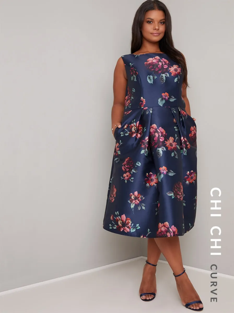 Plus Size Print Scoop Back Midi Dress in Blue sold by Chi Chi London