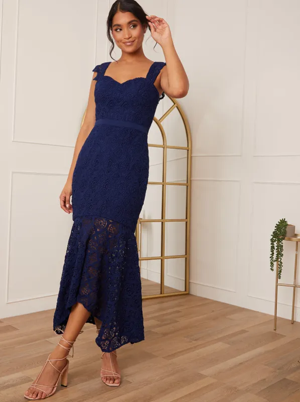 Sweetheart Neckline Lace Midi Dress in Navy sold by Chi Chi London