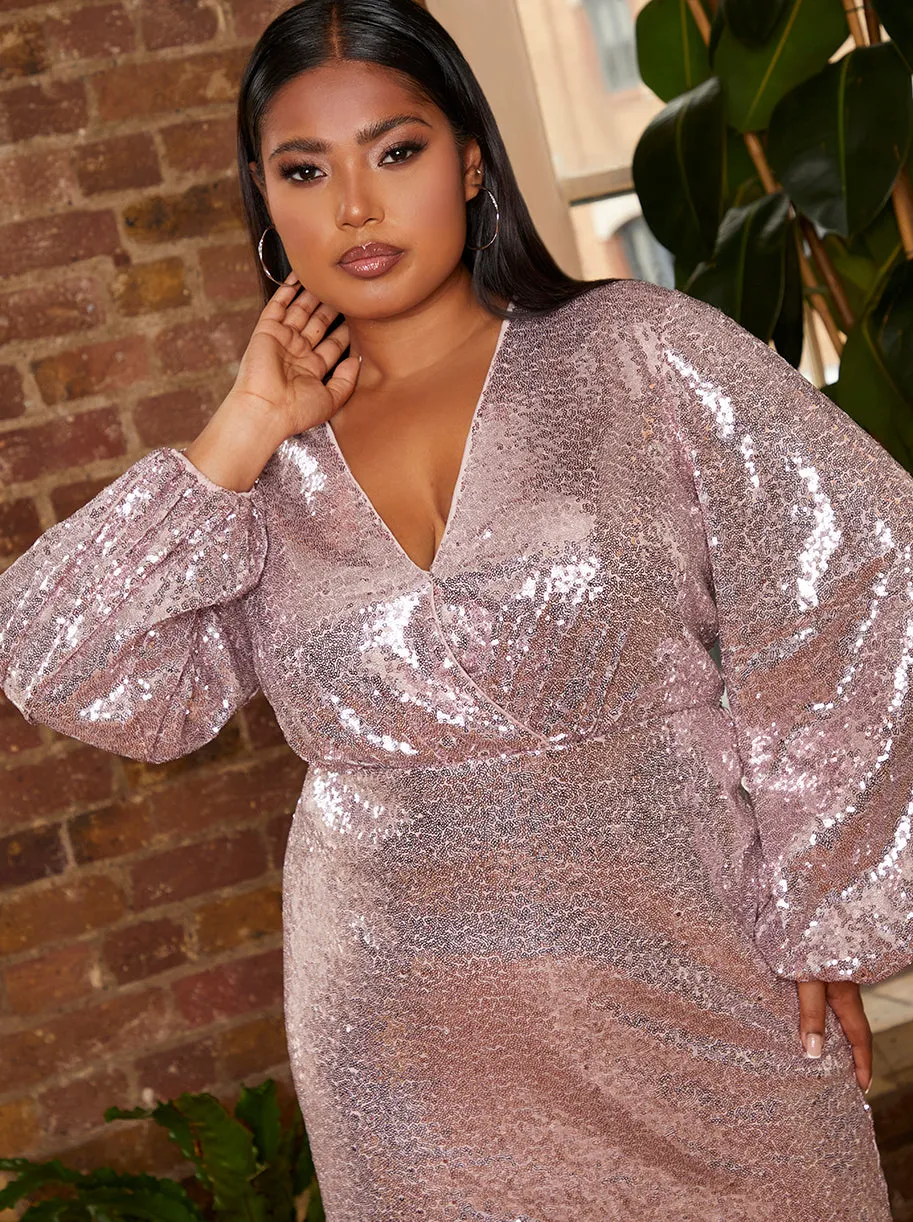 Plus Size Long Sleeve Plunge Sequin Midi Dress in Pink sold by Chi Chi London product image thumbnail 2