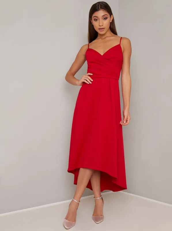 Cami Strap Plain Dip Hem Midi Dress in Red made by Chi Chi London