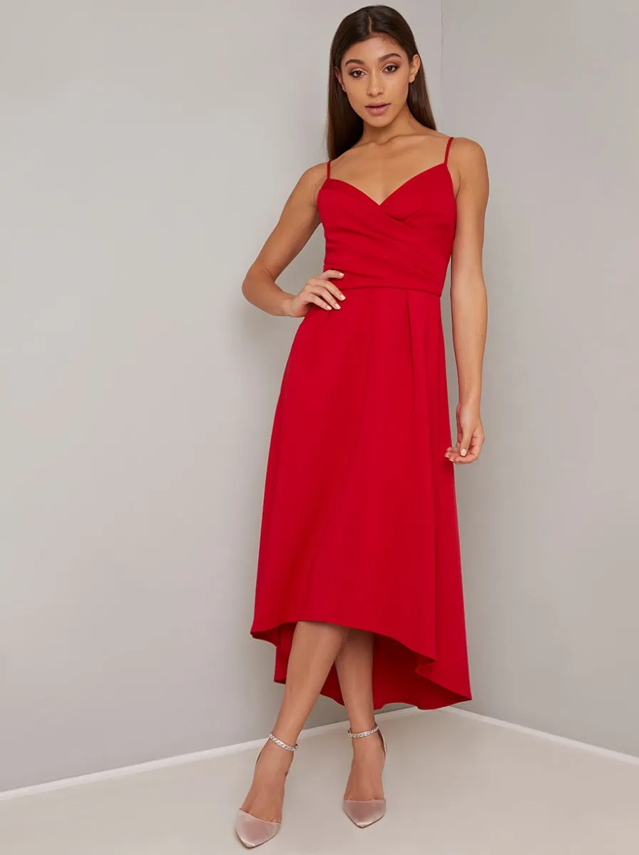 Cami Strap Plain Dip Hem Midi Dress in Red sold by Chi Chi London