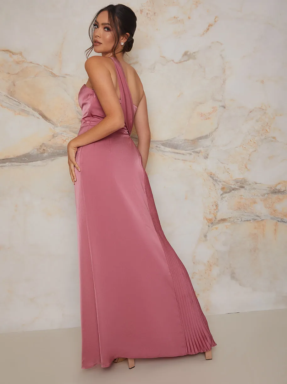 Pleated Satin One Shoulder Bridesmaid Maxi Dress in Pink sold by Chi Chi London product image thumbnail 4