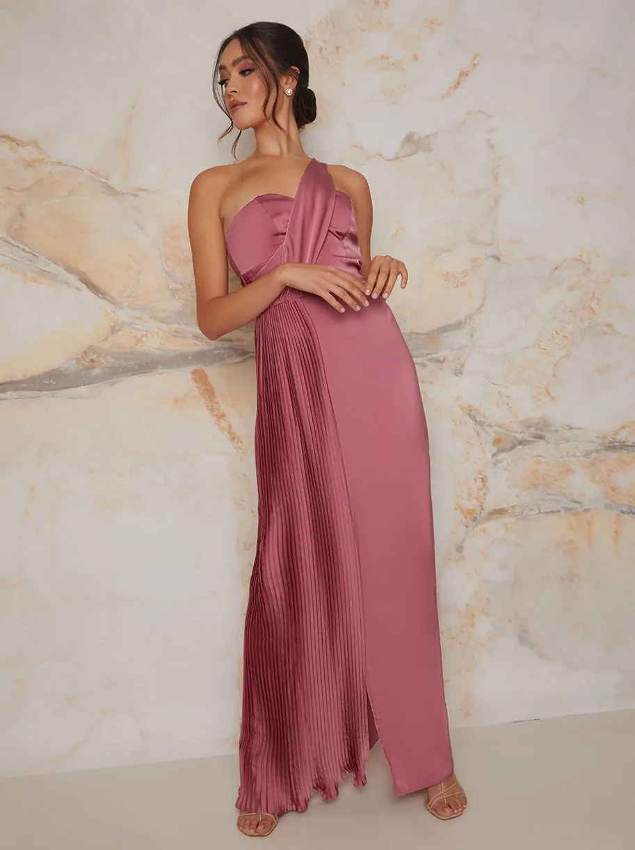 Pleated Satin One Shoulder Bridesmaid Maxi Dress in Pink sold by Chi Chi London