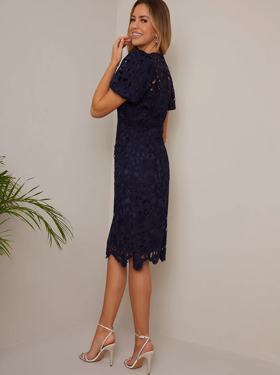 Puff Sleeve Premium Lace Mini Dress in Navy sold by Chi Chi London product image thumbnail 2