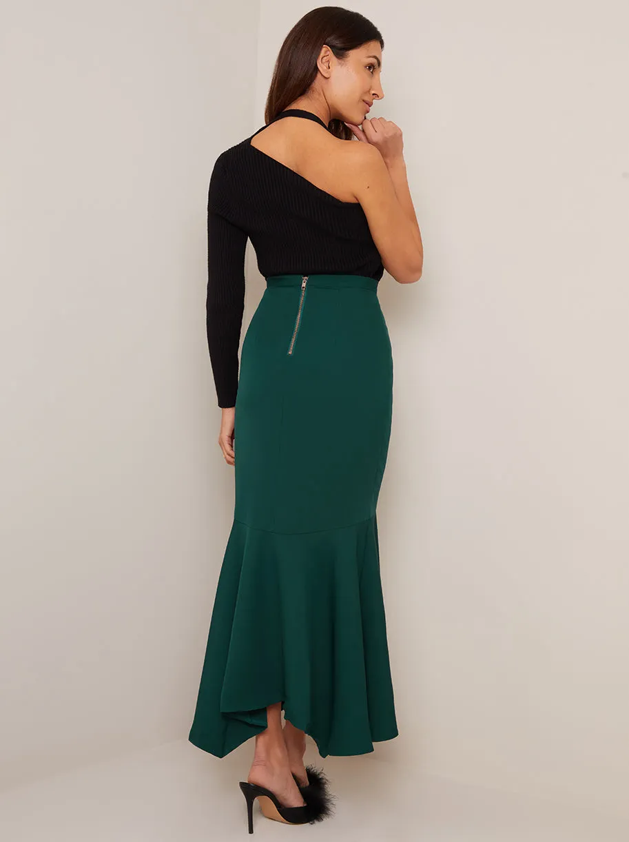 Bodycon Frill Hem Longline Midi Skirt in Green sold by Chi Chi London product image thumbnail 3