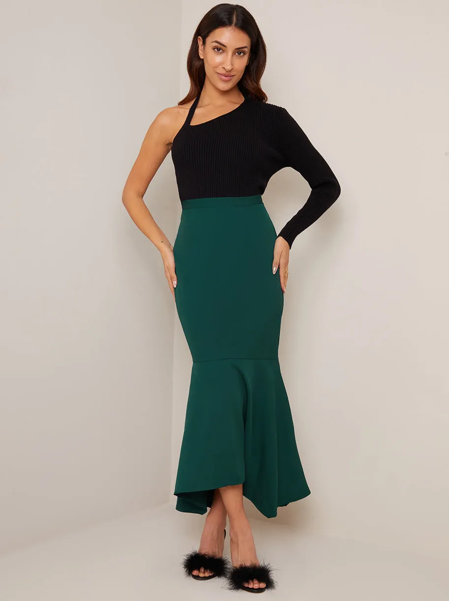 Bodycon Frill Hem Longline Midi Skirt in Green sold by Chi Chi London