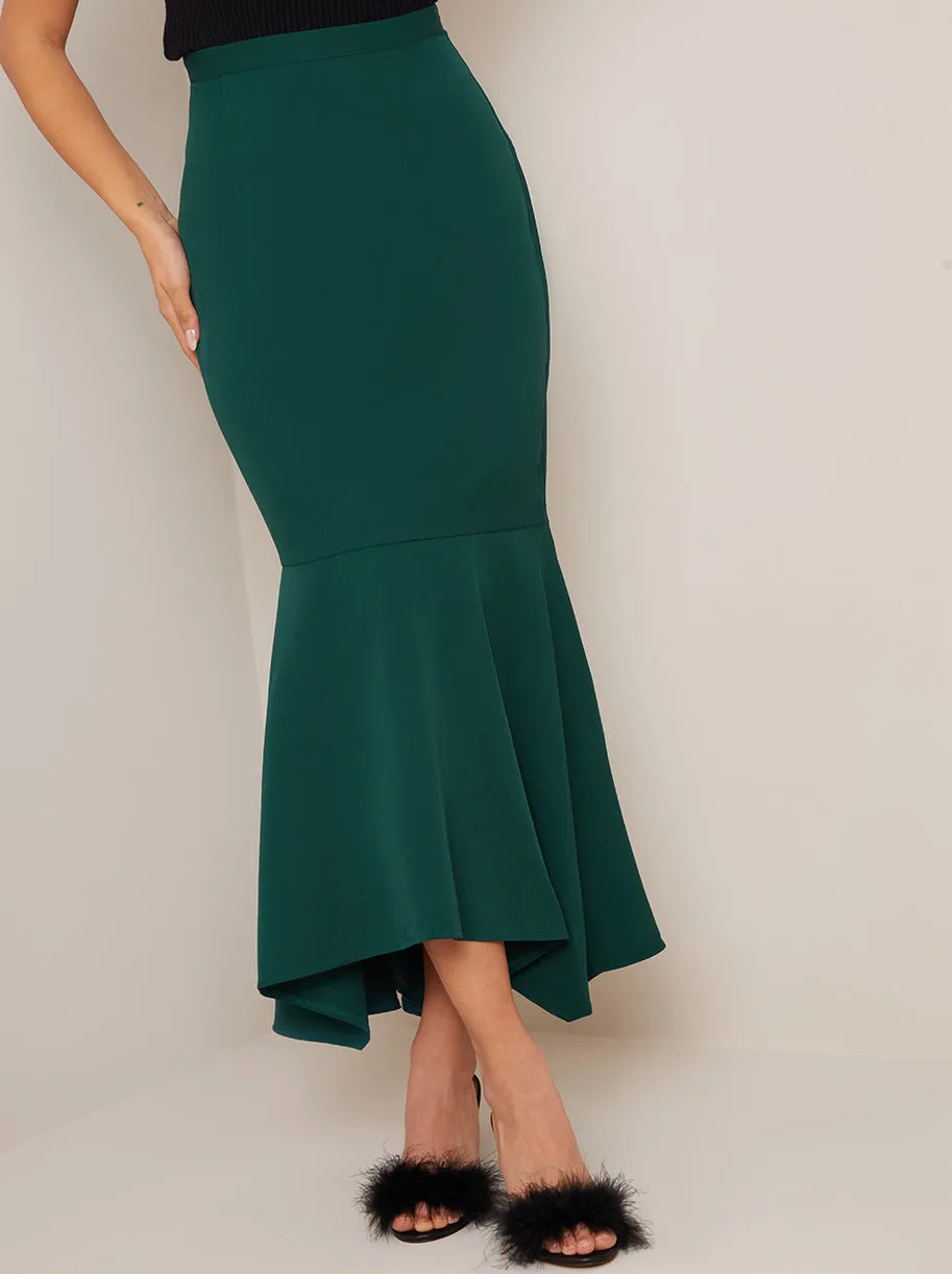 Bodycon Frill Hem Longline Midi Skirt in Green sold by Chi Chi London product image thumbnail 2
