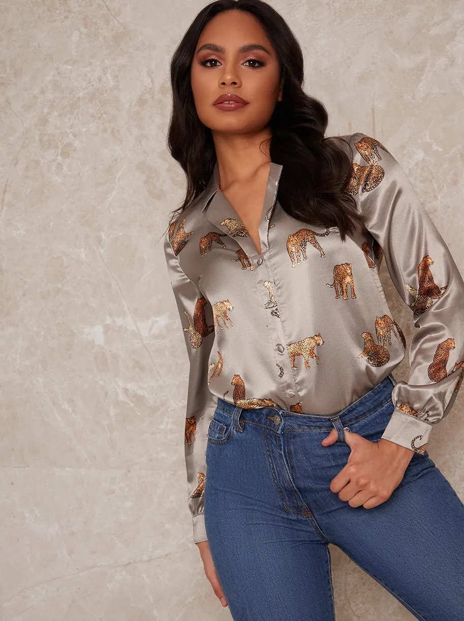 Printed Satin Long Sleeve Shirt in Green sold by Chi Chi London product image thumbnail 2