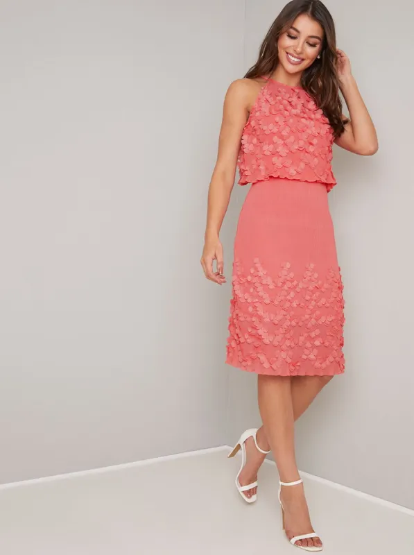 Sleeveless Floral 3D Design Midi Dress in Coral sold by Chi Chi London