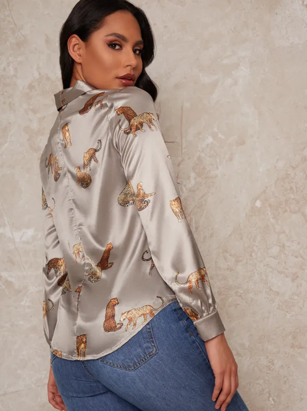 Printed Satin Long Sleeve Shirt in Green sold by Chi Chi London