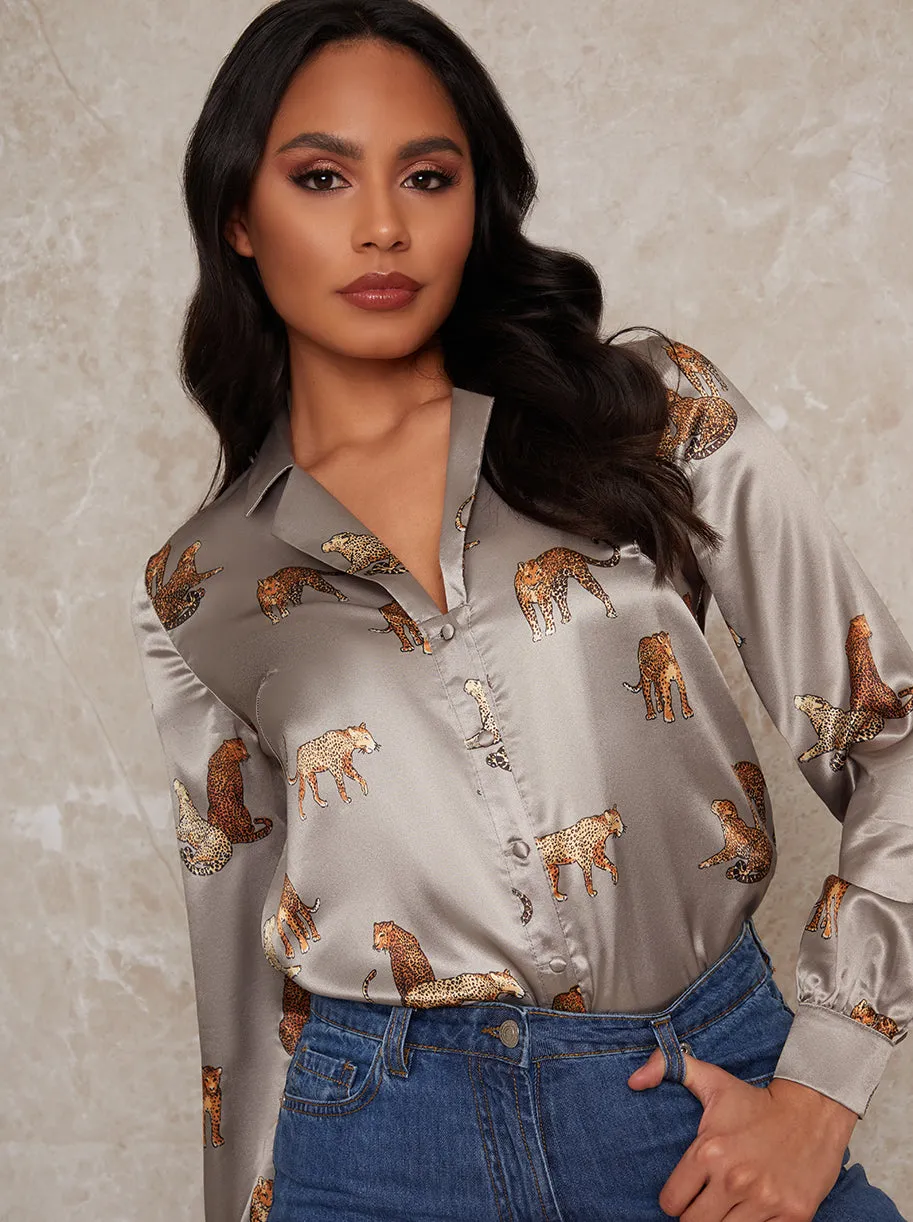 Printed Satin Long Sleeve Shirt in Green sold by Chi Chi London product image thumbnail 4