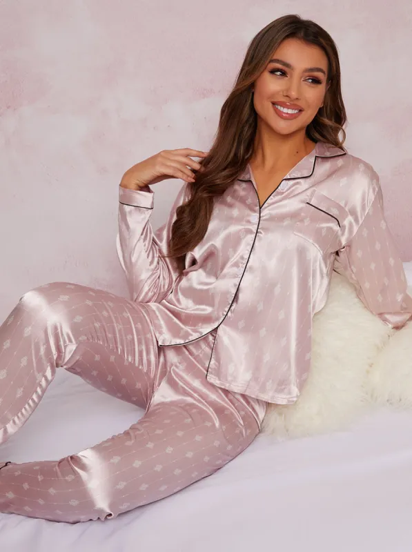Satin Finish Pin Stripe Short Pyjama Set in Pink sold by Chi Chi London