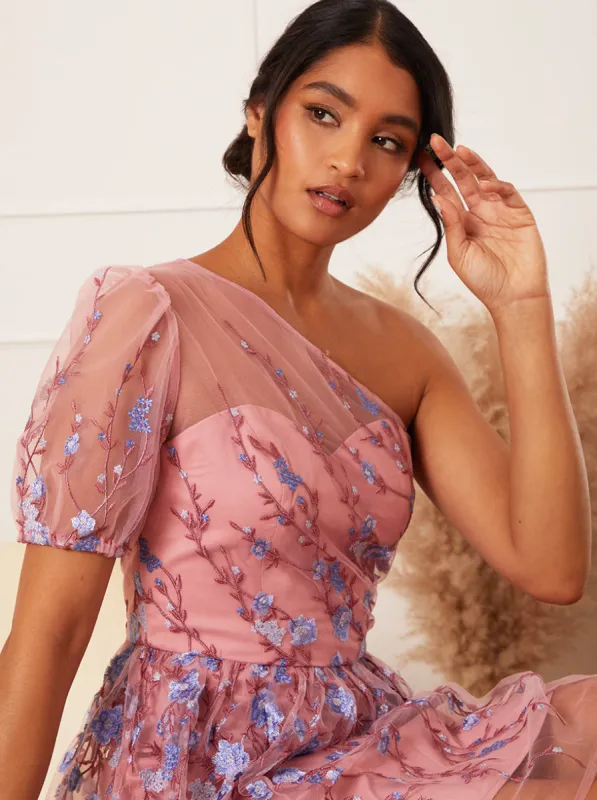 One-Shoulder Embroidered Mini Dress in Pink sold by Chi Chi London