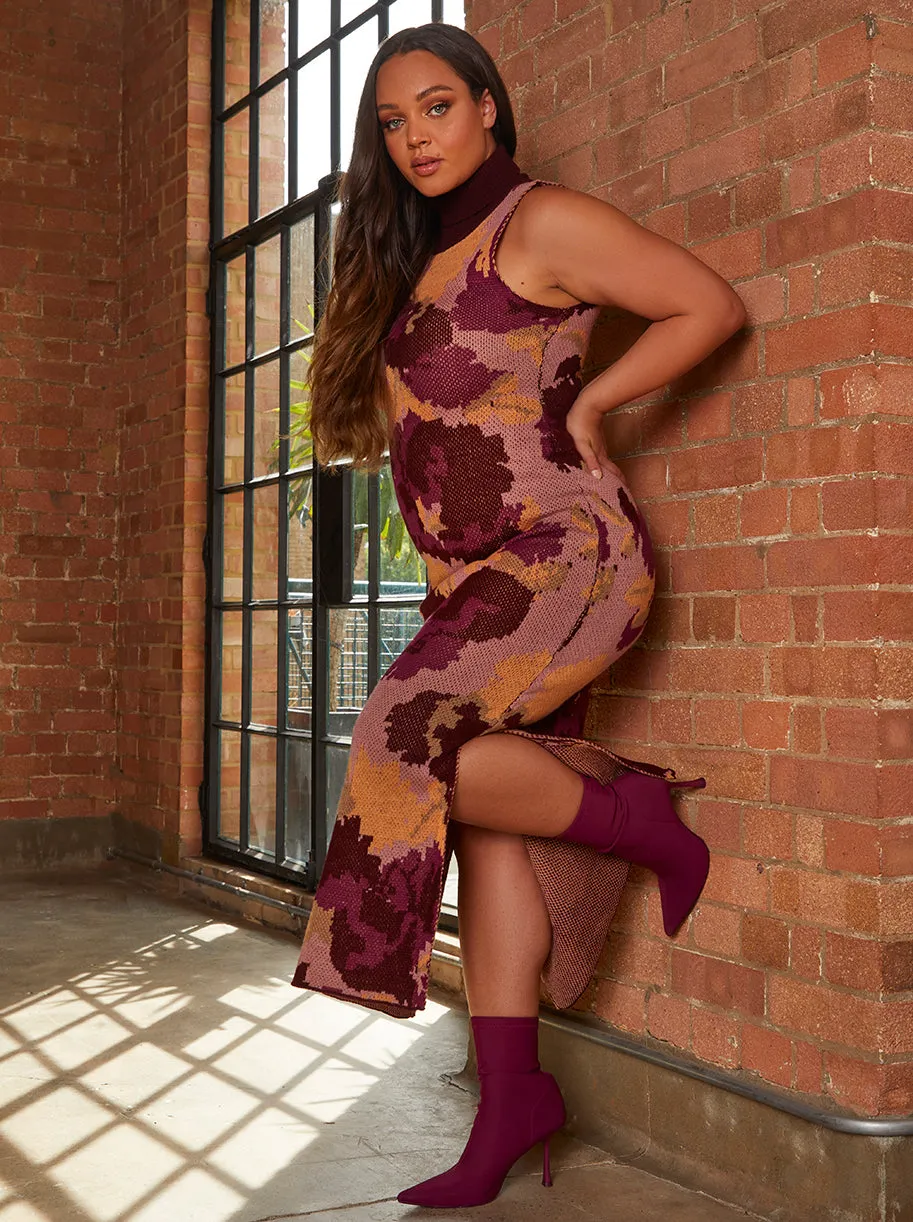 Dark Floral Print High Neck Knitted Midi Dress in Multi sold by Chi Chi London product image thumbnail 3