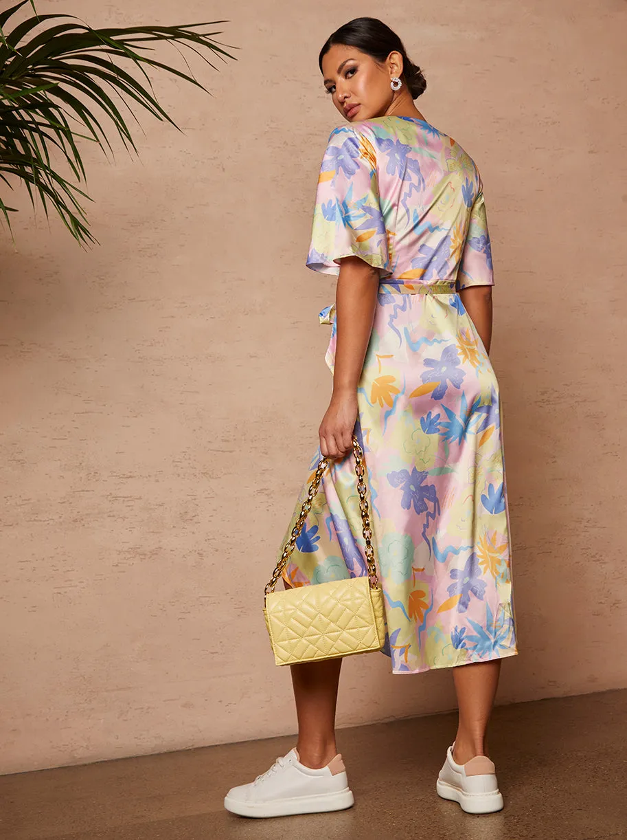 Wrap Front Leaf Print Midi Dress in Pink sold by Chi Chi London product image thumbnail 5