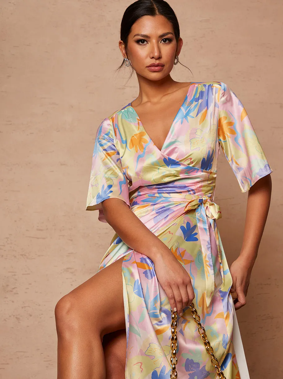 Wrap Front Leaf Print Midi Dress in Pink sold by Chi Chi London product image thumbnail 2