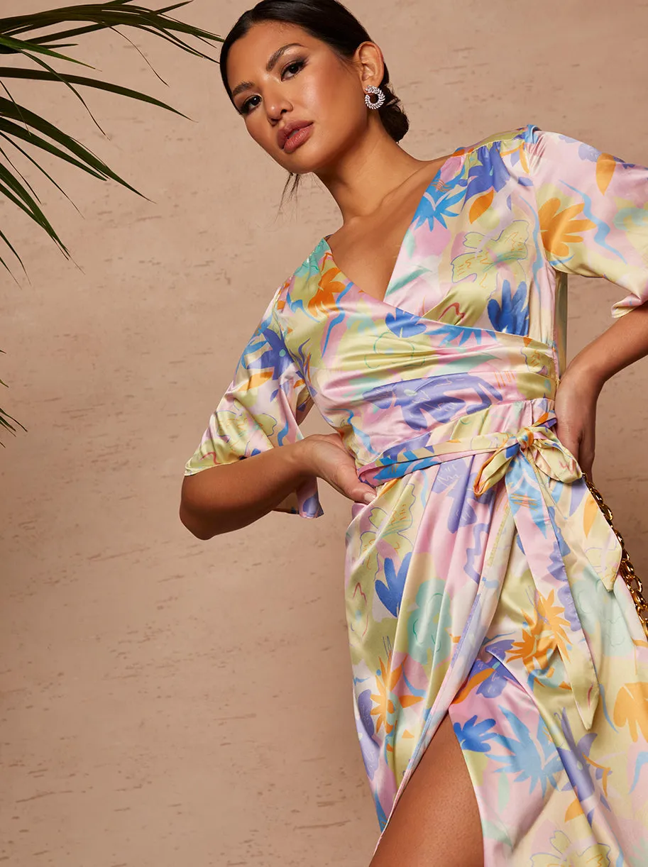 Wrap Front Leaf Print Midi Dress in Pink sold by Chi Chi London product image thumbnail 3