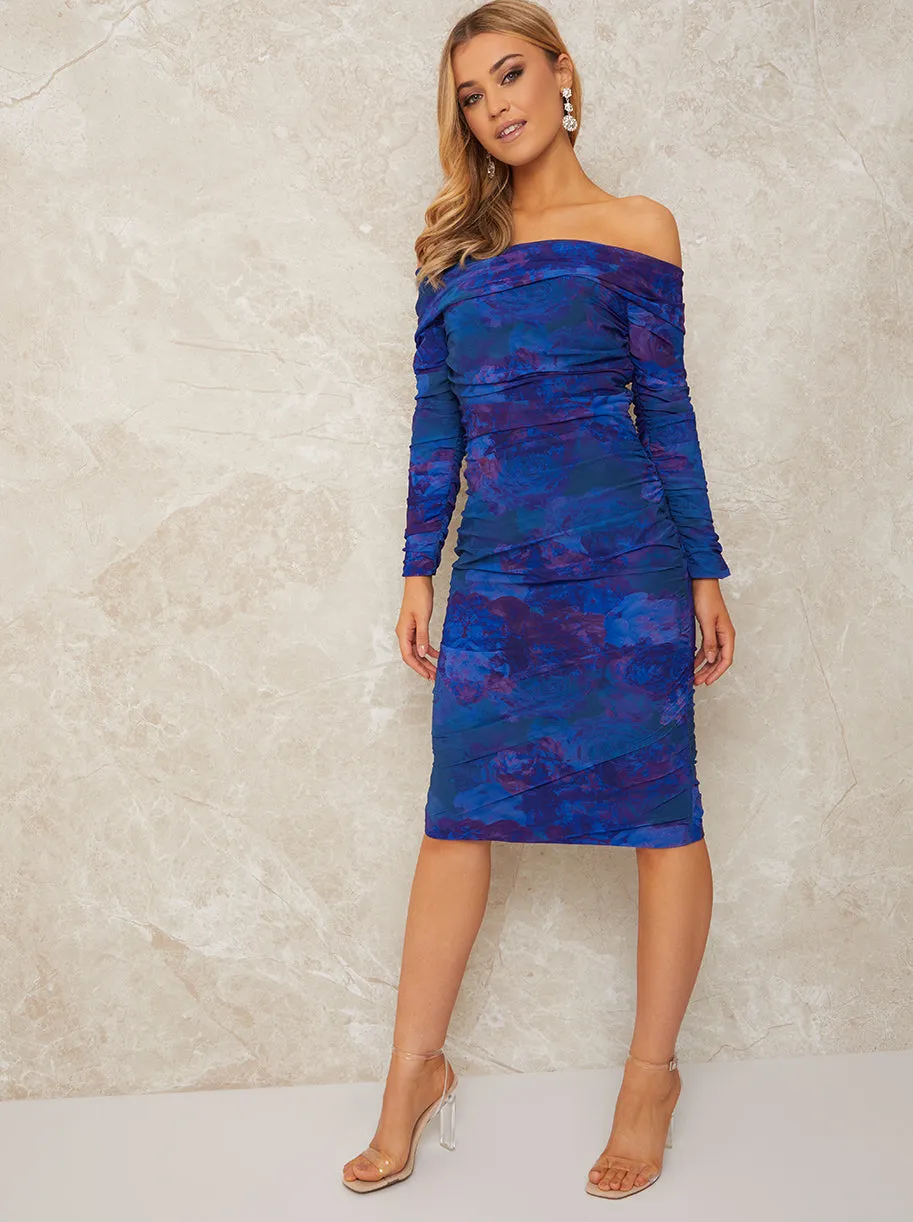 Long Sleeve Floral Ruched Bodycon Midi Dress in Navy sold by Chi Chi London