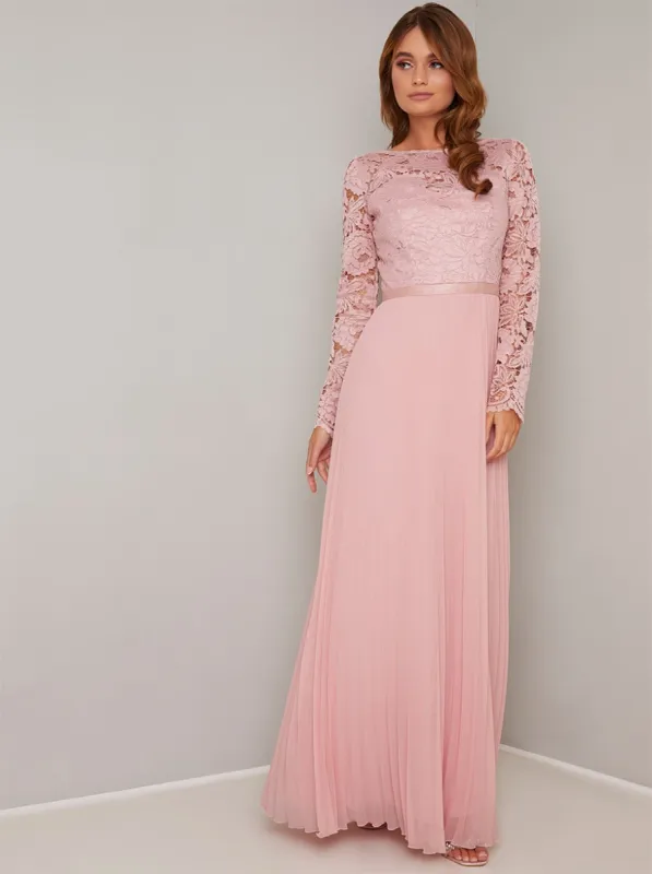Long Sleeve Lace Bodice Maxi Dress in Pink sold by Chi Chi London