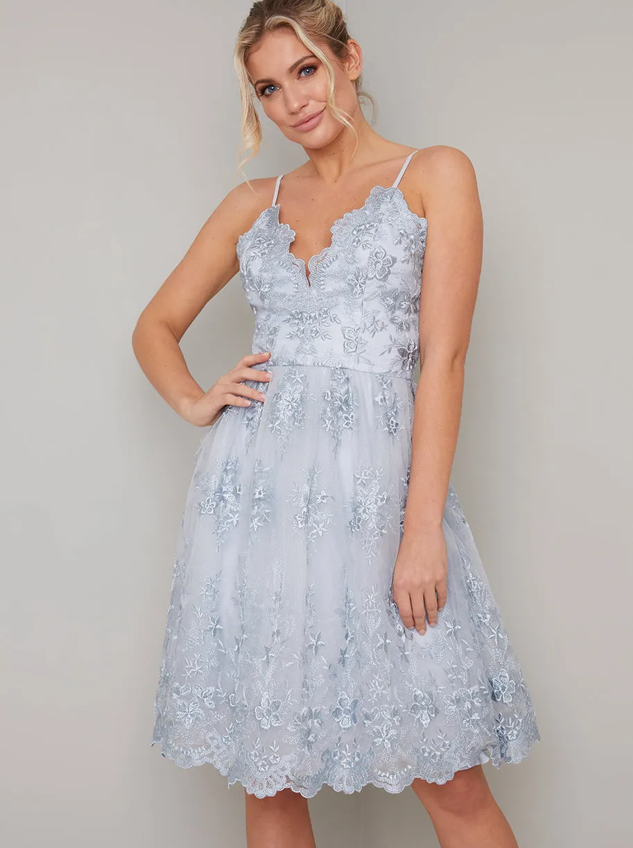 Lace Embroidered Cami Midi Dress in Blue sold by Chi Chi London