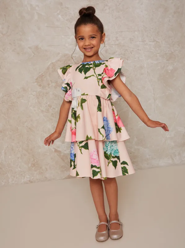 Girls Floral Print Tiered Dress in Pink sold by Chi Chi London
