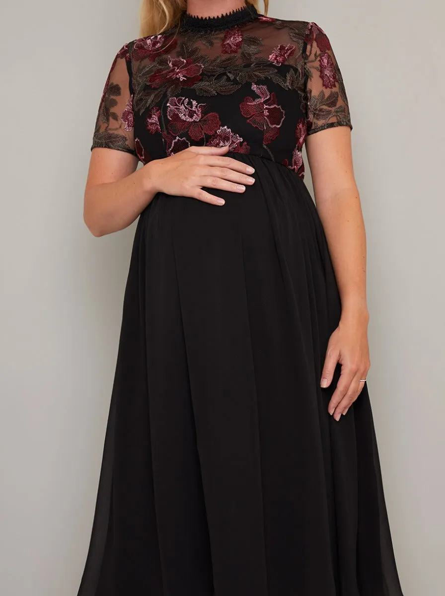 Maternity Embroidered Lace Bodice Midi Dress in Black sold by Chi Chi London product image thumbnail 3