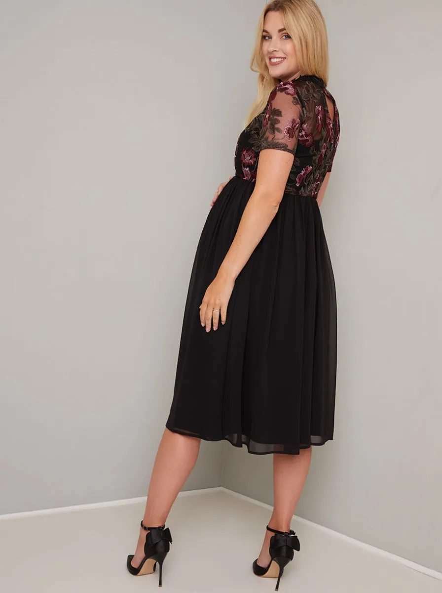 Maternity Embroidered Lace Bodice Midi Dress in Black sold by Chi Chi London product image thumbnail 4