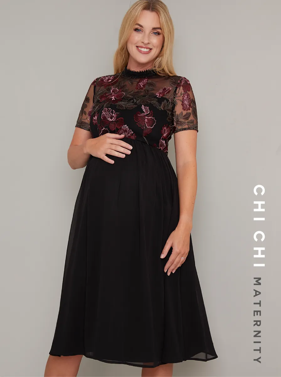Maternity Embroidered Lace Bodice Midi Dress in Black sold by Chi Chi London product image thumbnail 2