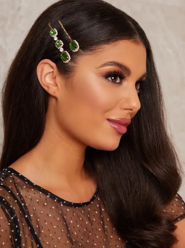 Gemstone Hair Clips Gold Tone in Green sold by Chi Chi London