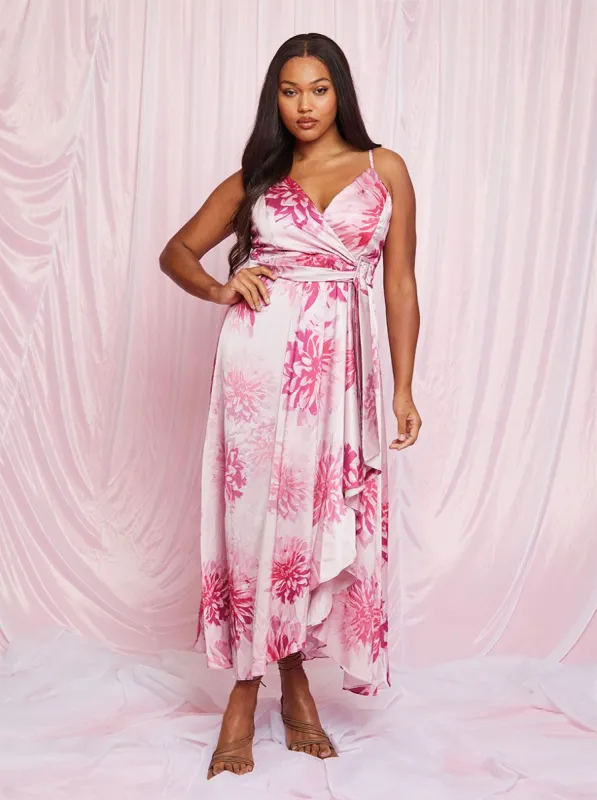 Cami Floral Print Wrap Midi Dress in Pink sold by Chi Chi London