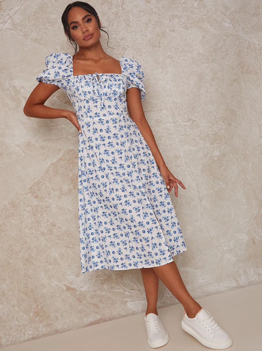 Puff Sleeve Floral Midi Dress in White sold by Chi Chi London