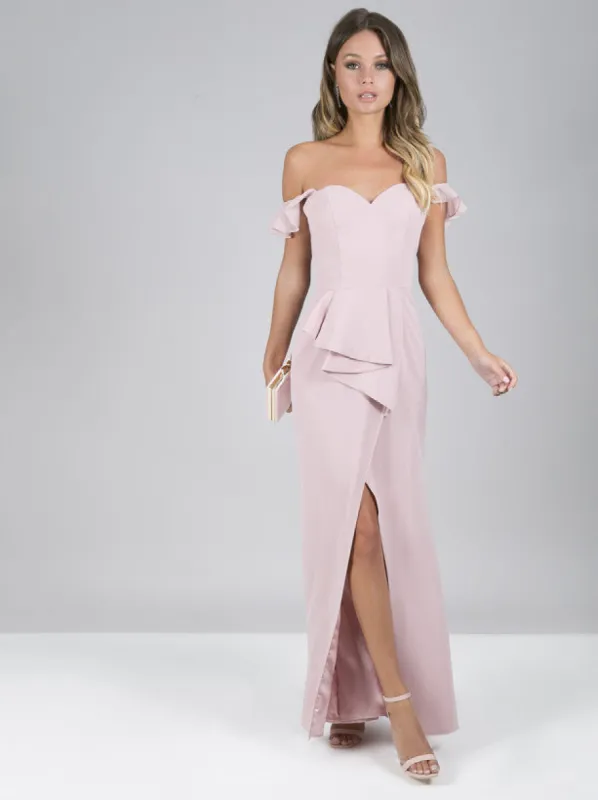 Strapless Ruffle Leg Split Maxi Dress in Pink sold by Chi Chi London