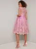 Gold Embroidered Maternity Midi Dress with Mesh in Pink sold by Chi Chi London
