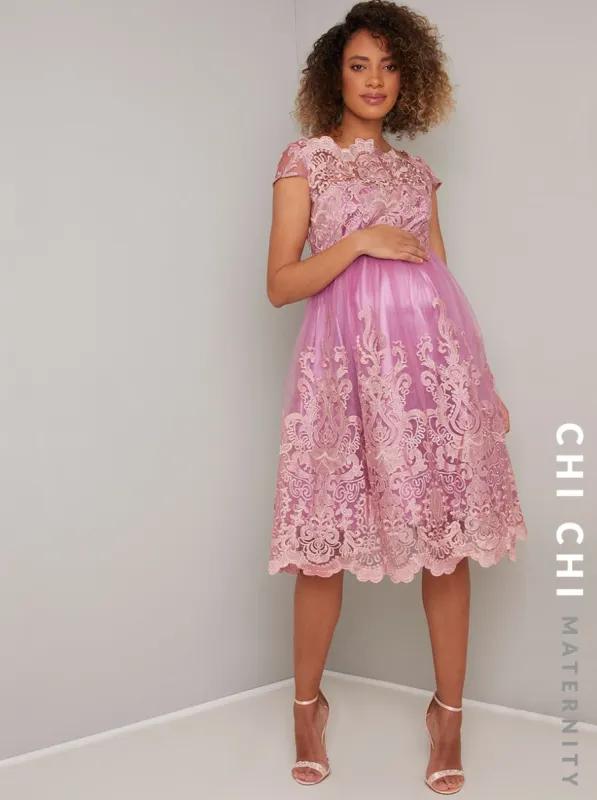 Gold Embroidered Maternity Midi Dress with Mesh in Pink sold by Chi Chi London