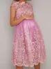 Gold Embroidered Maternity Midi Dress with Mesh in Pink sold by Chi Chi London