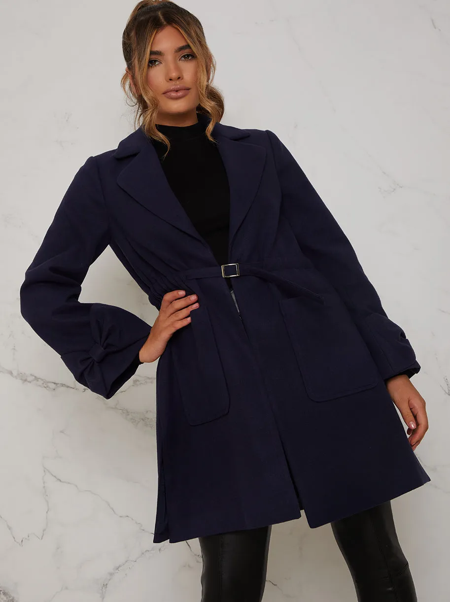 Structured Coat with Bow Sleeves and Belt in Navy sold by Chi Chi London product image thumbnail 2