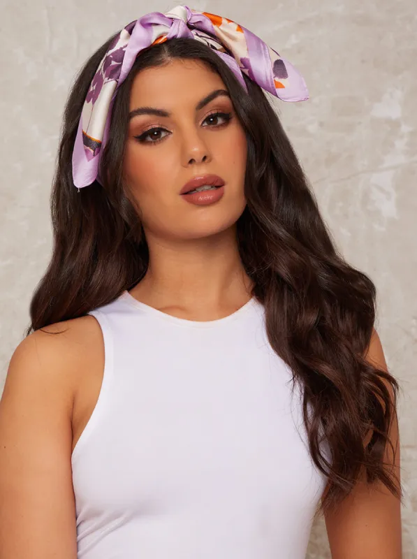 Graphic Print Satin Hair Scarf in lilac sold by Chi Chi London