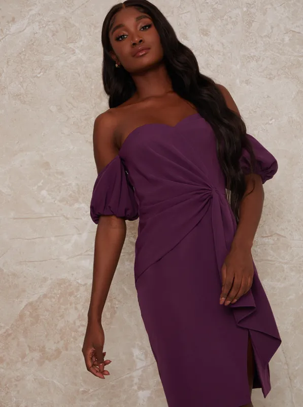 Puff Sleeve Bardot Tie Detail Mini Dress in Purple sold by Chi Chi London