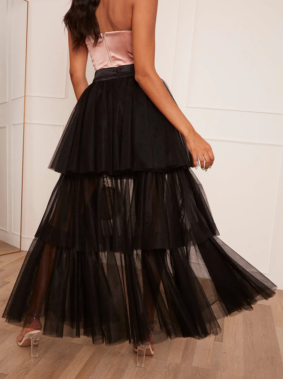 Tiered Tulle Dip Hem Skirt in Black sold by Chi Chi London product image thumbnail 3