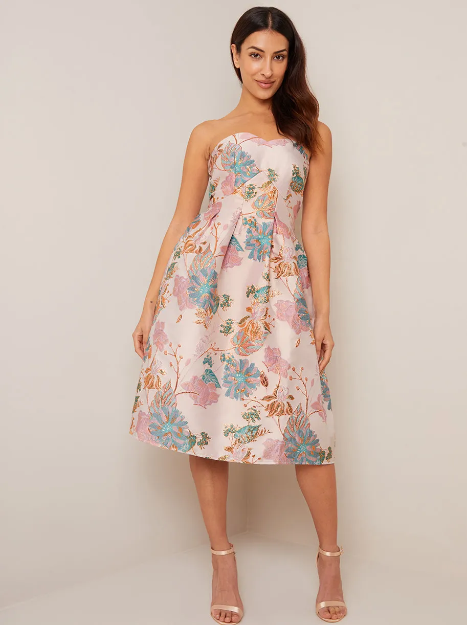 Strapless Jacquard Midi Dress in Pink sold by Chi Chi London