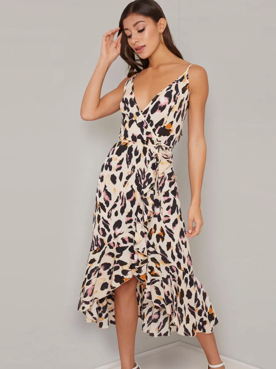 Cami Strap Leopard Print Wrap Dress in Multi sold by Chi Chi London