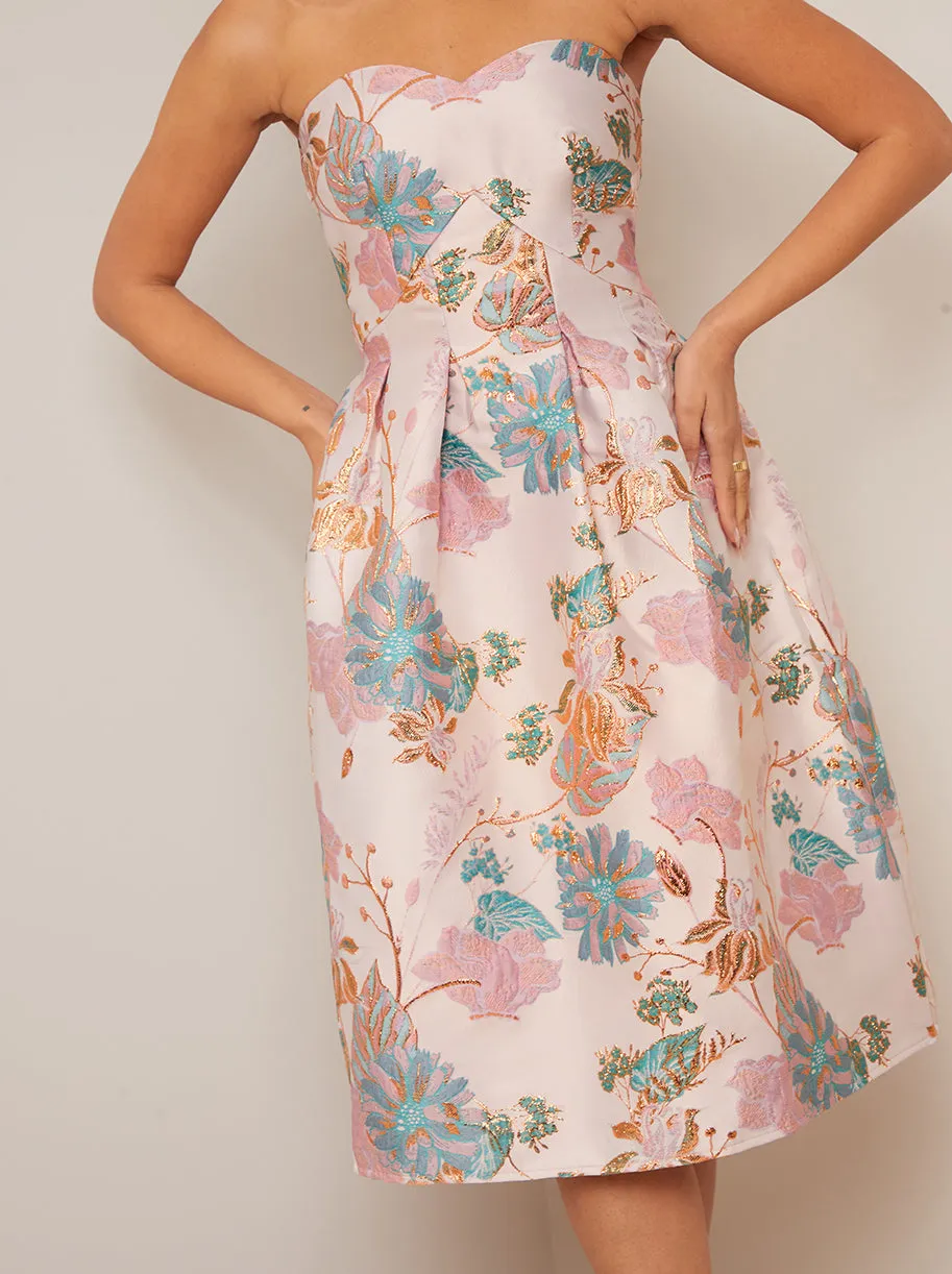 Strapless Jacquard Midi Dress in Pink sold by Chi Chi London product image thumbnail 3